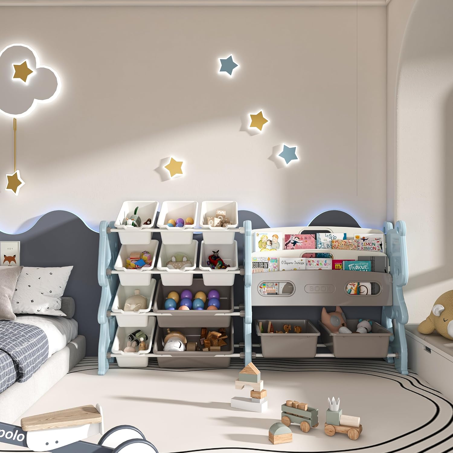 DiMorture Toy Storage Organizer with 2 Tier Bookshelf and 12 Bins, 2-in-1 Bookshelf/Bookcase, Kids Bin Shelf, Toys Box for Playroom Organization for Bedroom & Room Decor, Blue