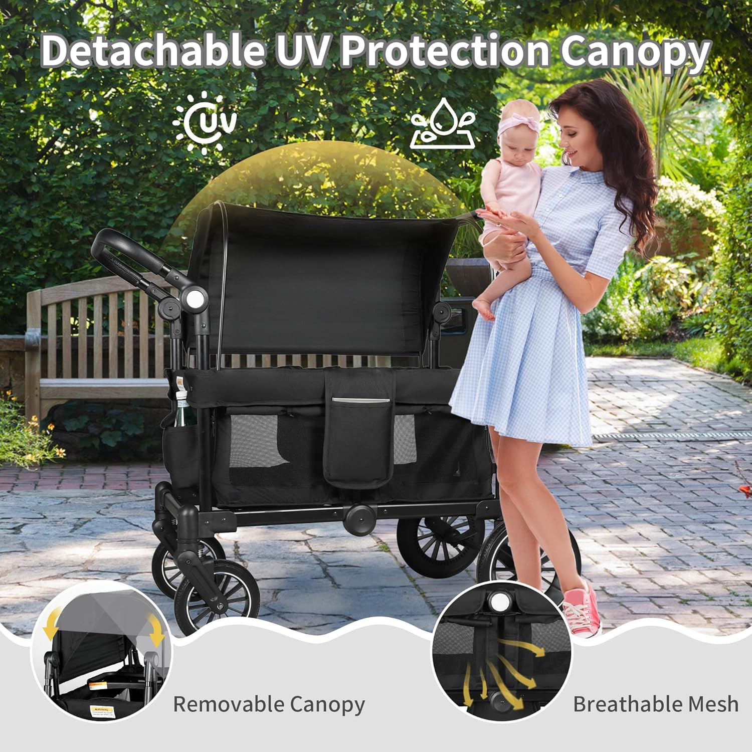 Stroller Wagon for 2 Kids, Foldable Kids Wagon w/Adjustable Push Pull Handle, Shock-Absorbing Wheels, Removable Canopy, Extra Diaper Bag & Harness, Detachable Tray, Black