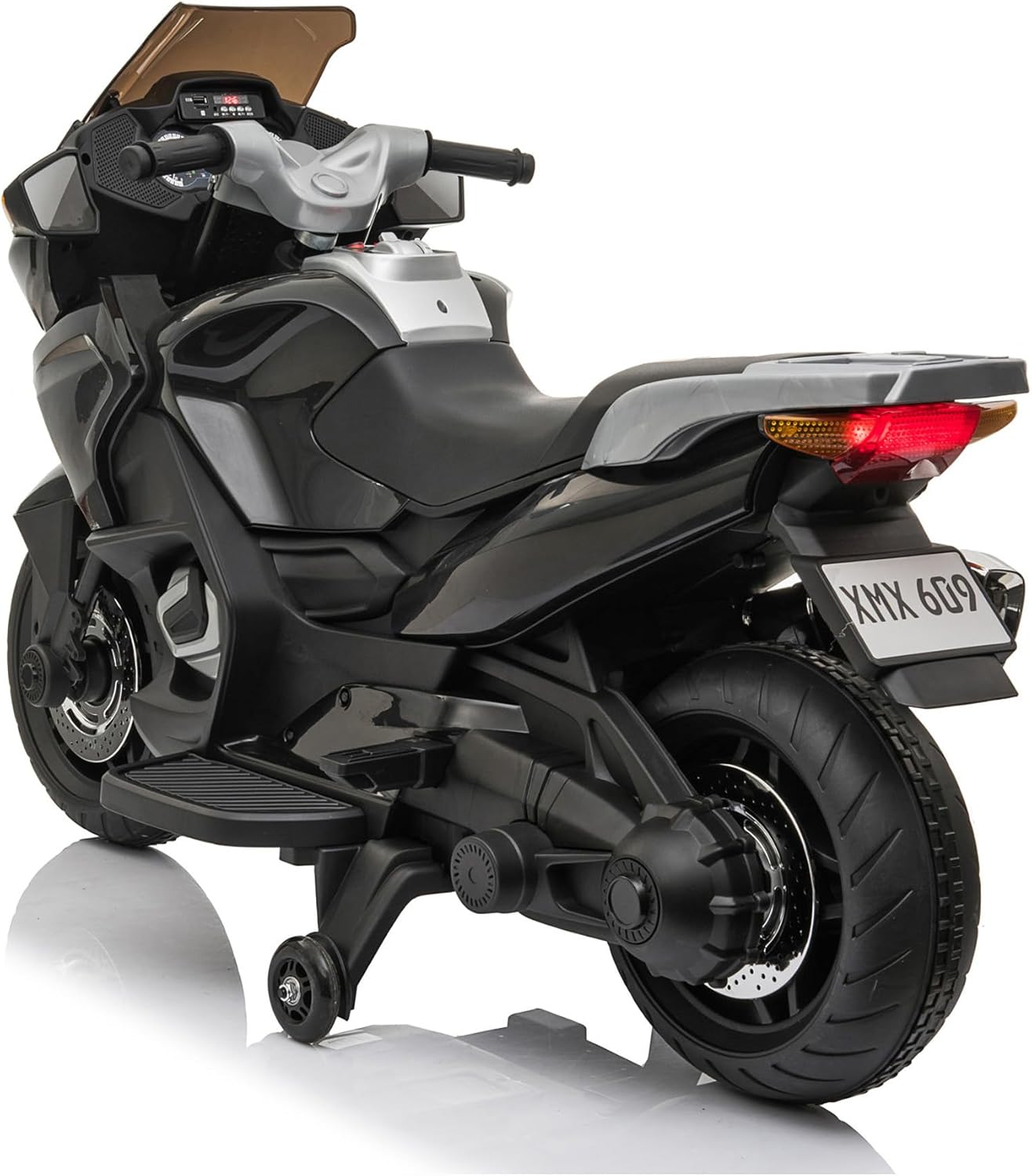 12V Motorcycle Battery-Operated Ride-On – Black Realistic Engine Sounds Music and Lights Forward and Reverse Driving Treaded Tires and Training Wheel Ages 3+