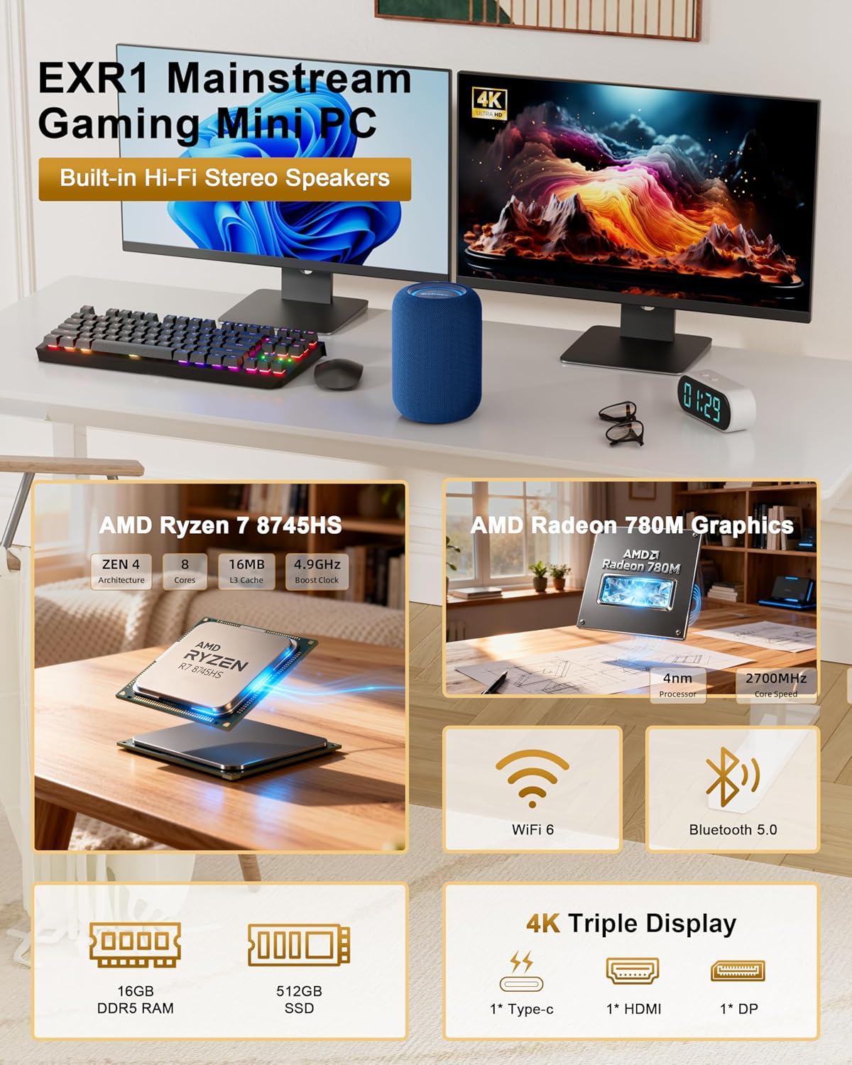Mini PC Hi-Fi Speaker - AMD Ryzen 7 8745HS (8C/16T, Upto 4.9GHz, Beat H 255) 16GB RAM 512GB SSD, Mini Gaming Computer with USB-C 4.0/3-Screen Output/Wi-Fi 6/BT 5.2/2.5G NIC for Home Office