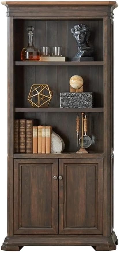 Pemberly Row Executive Bookcase with Wood Doors Mildly Distressed in Brown