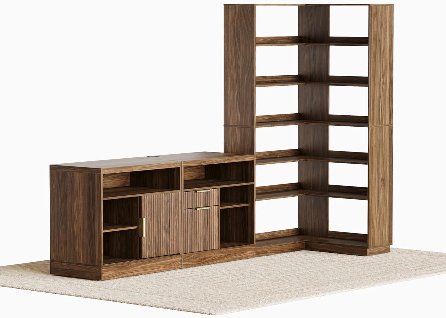 Perledesign Home Office Furniture Set, 2 Drawer File Cabinet with Lock and 73 inch Corner Bookcase, 63'' Wood Lateral File Cabinet with AC/USB, Tall Wooden Corner Bookcase, Black Walnut