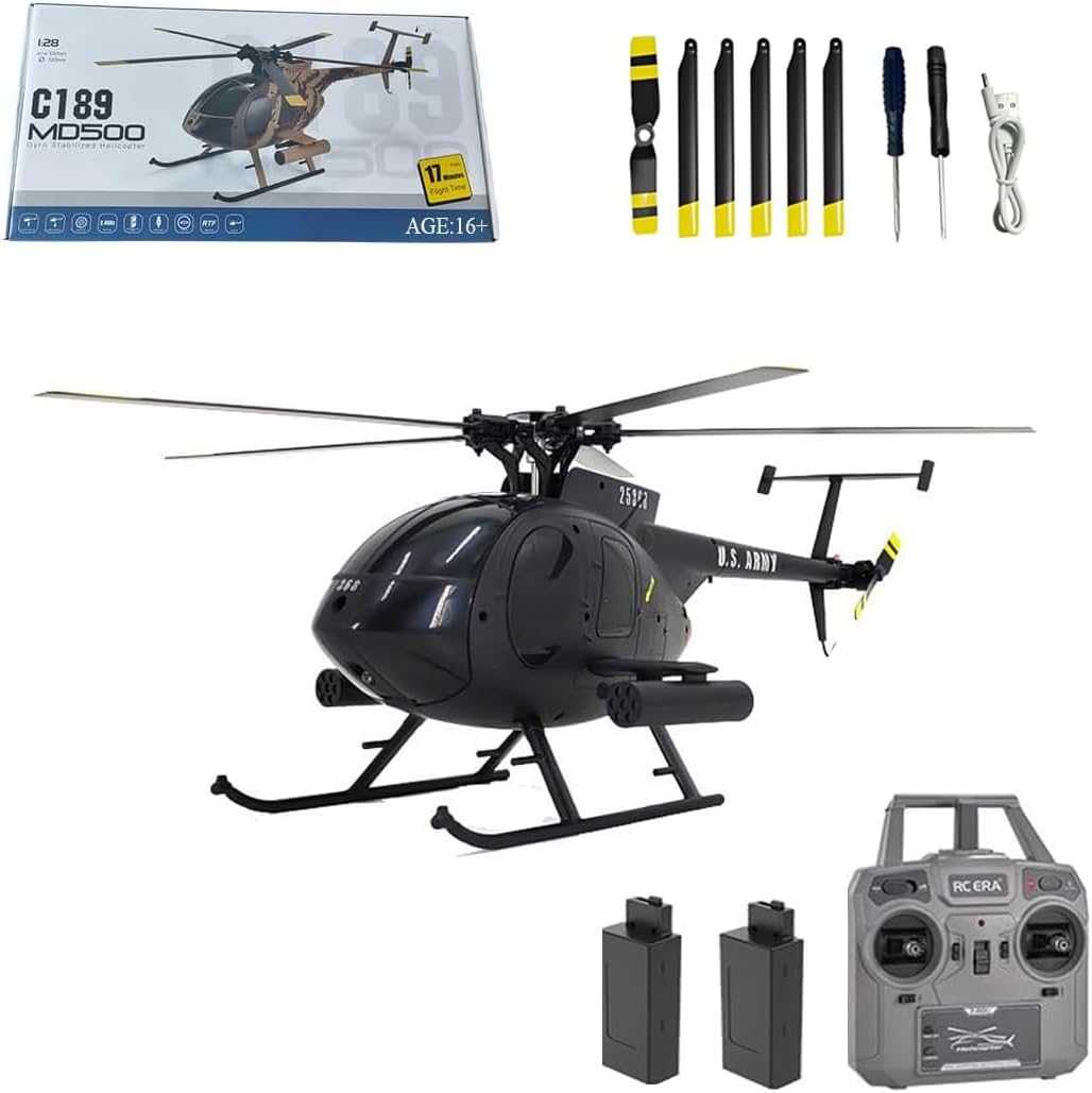 RC ERA C189 RC Helicopter with 6-Axis Gyro, 1:28 Scale MD500 4CH Single-Rotor Flybarless Helicopter, 2.4GHz RC Aircraft with Optical Flow & Altitude Hold for Adults