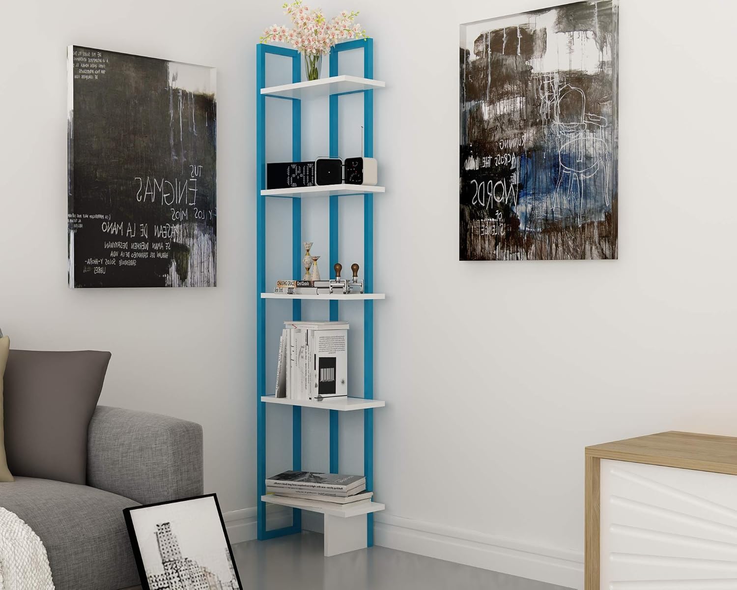 Decorotika Alice 71'' Tall 5-Tier Modern Industrial Corner Bookcase Bookshelf Shelving Unit (Blue/White)