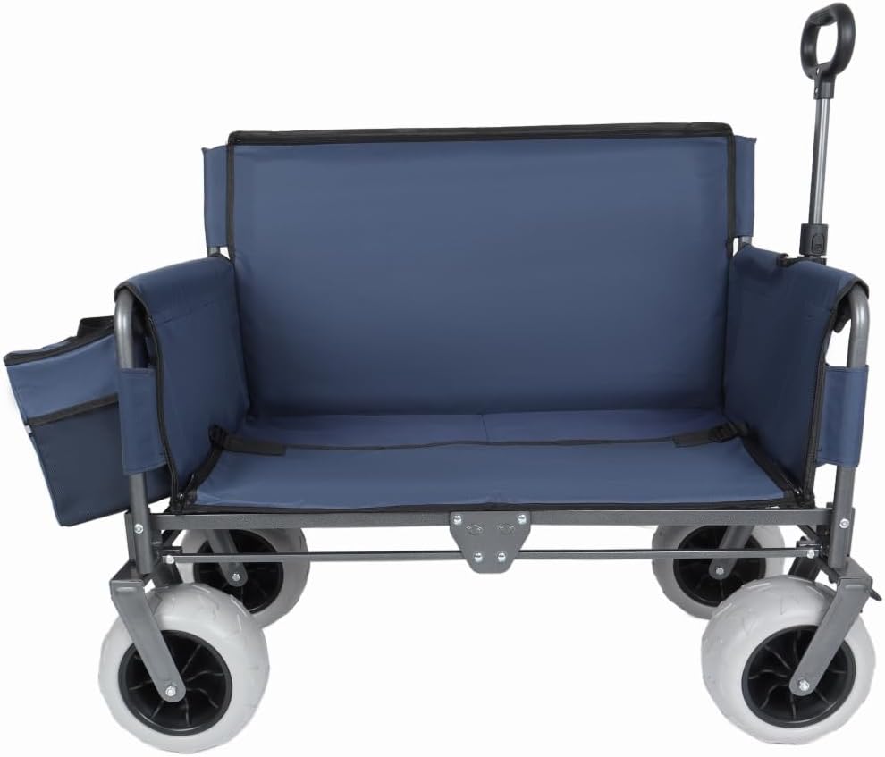 Versatile Folding Wagon with Bench Seat – Heavy-Duty Steel Frame, All-Terrain Wheels, Spacious Cargo Area for Outdoor Adventures (Dark Blue + Steel)