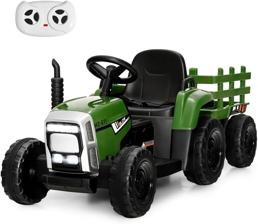 Pemberly Row 12V Kids Ride On Tractor with Trailer Ground Loader Dark Green