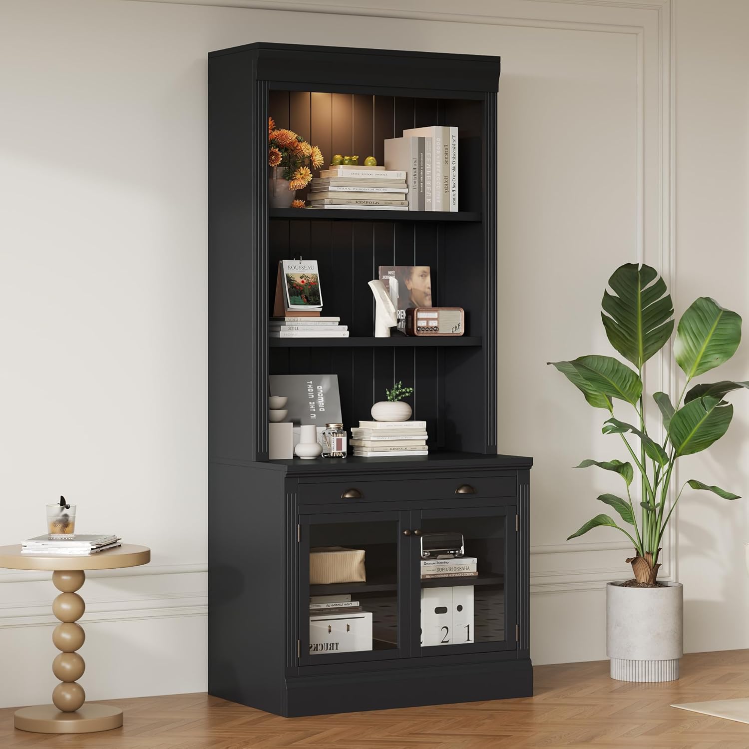 MaiDeHaoo Tall Bookcase with Storage Drawer and LED Lights Bookshelf Cabinet with Glass Doors and Open Shelves Bookcase with Display Storage Shelf for Home Office - Black