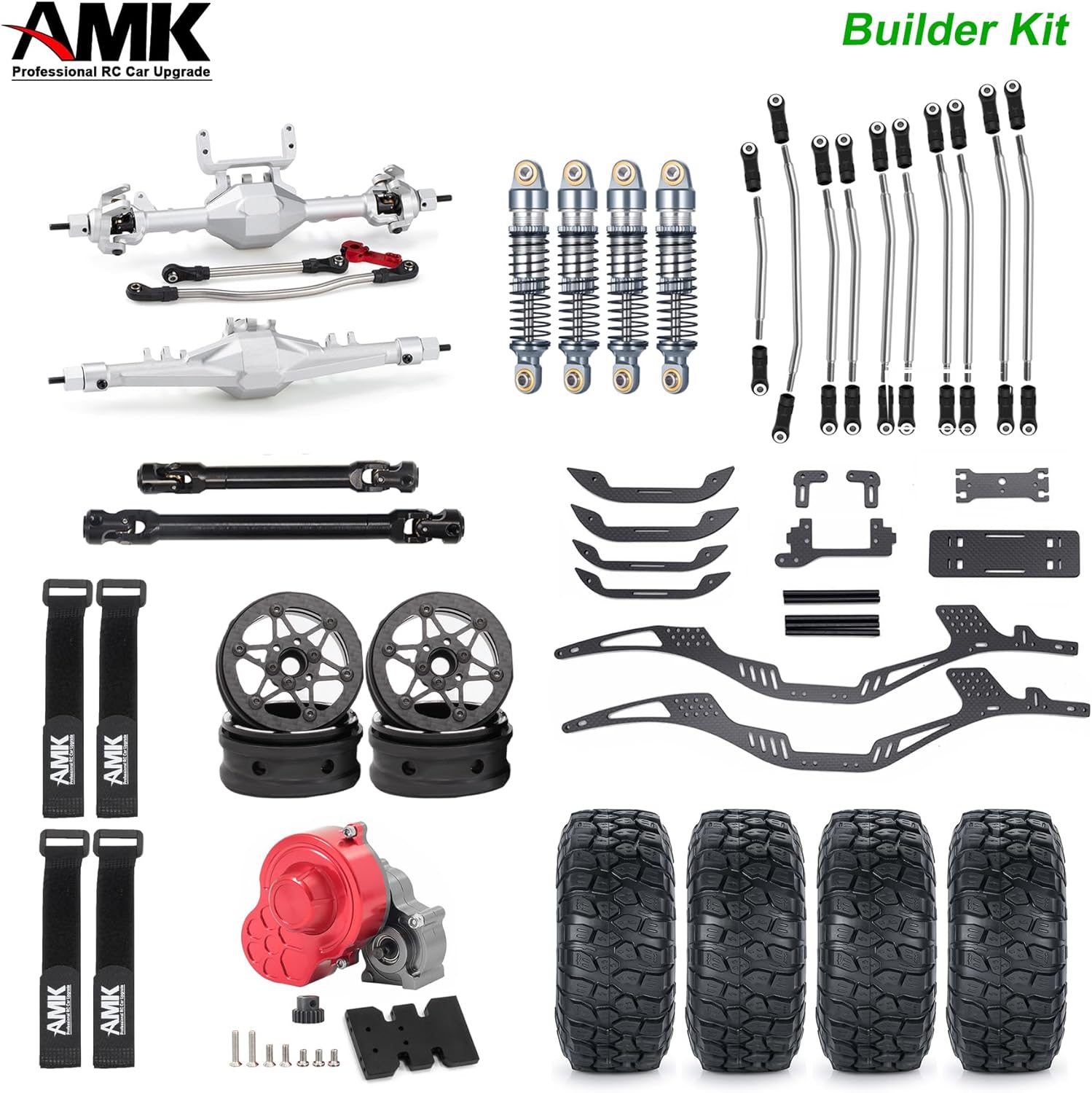 AMK 320mm Wheelbase 1/10 RC Chassis Frame Carbon Fiber LCG Crawlers Body with 1.9 Beadlock Wheels and Tires for Axial SCX10 Upgrades DIY Builder Kit (B)