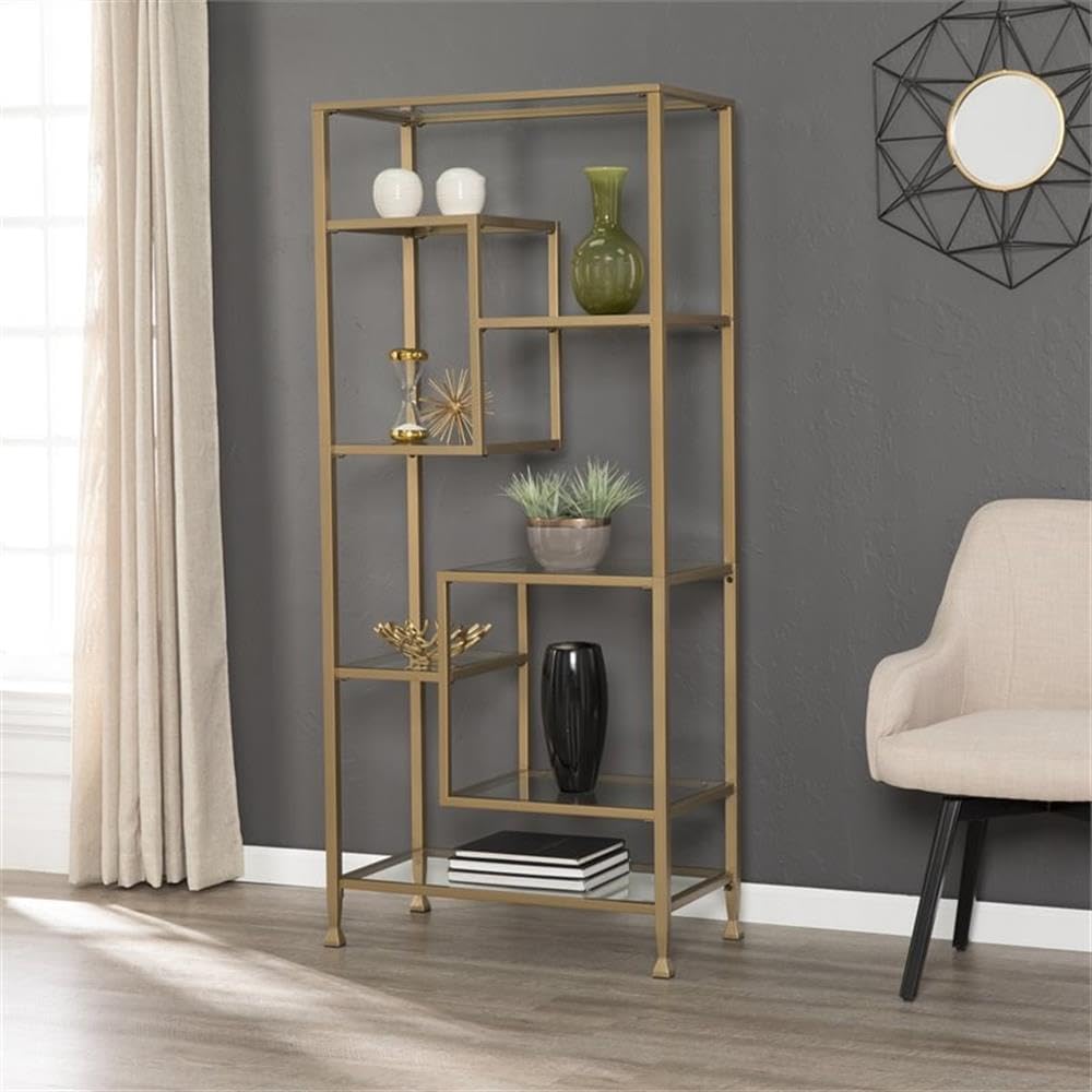 SEI Furniture Jaymes Metal-Glass Asymmetrical Bookcase in Soft Gold