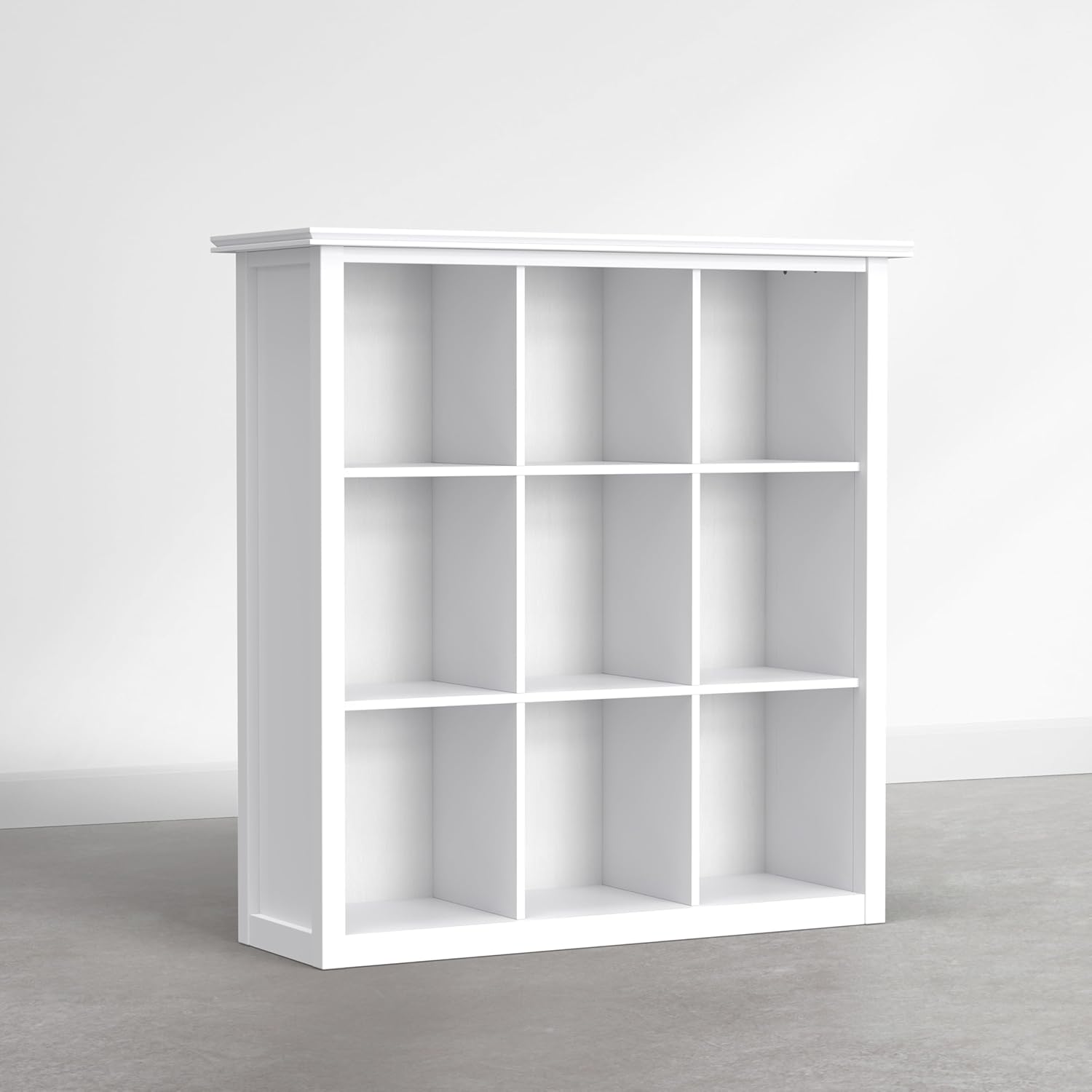 SIMPLIHOME Artisan Bookcase - 43 inch Tall 9-Cube Solid Wood Cube Organizer in Chantilly White, Transitional Storage Bookcase for Living Room, Study Room or Office with Fixed Shelves and Tapered Legs