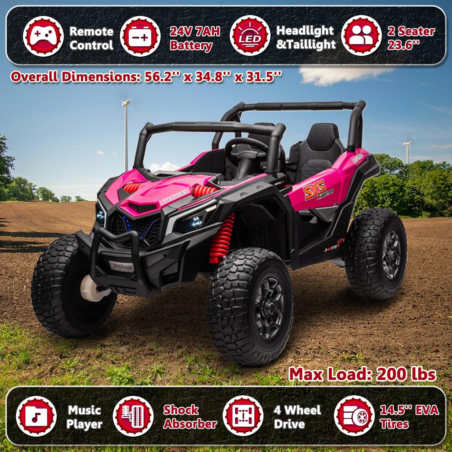 XXXL 24V 2-Seater Ride on Toys for Big Kids 4WD Ride on Truck with Music Panel, Battery Powered Electric Vehicle Car with Remote Control, EVA Tires & 2 Profession Shock Absorbers, Pink