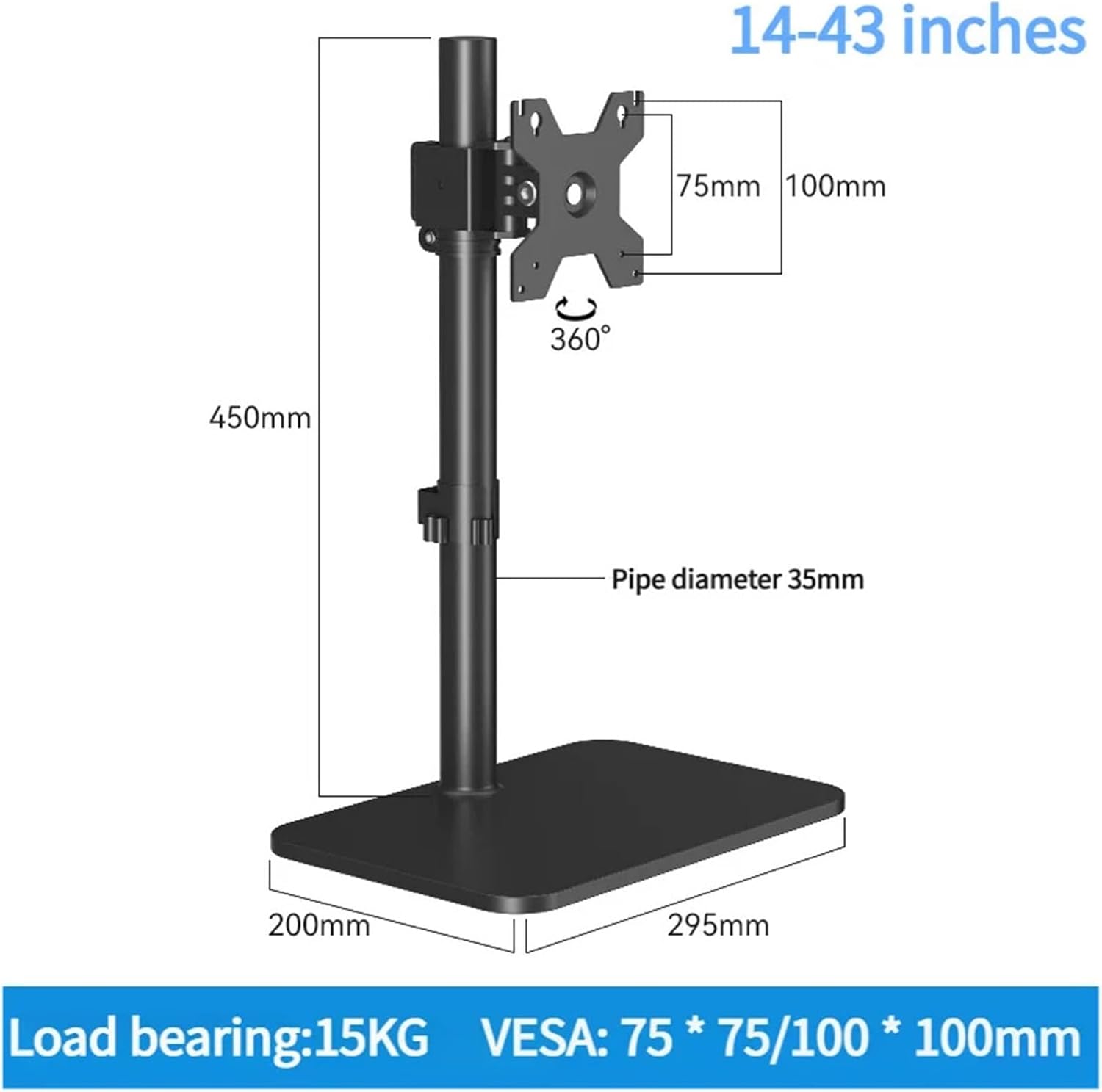 Single monitor arm monitor stand with bracket type rotation and tilt height adjustable 14-43 inches up to 15KG large size support monitor