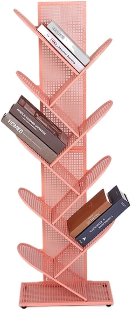 moisture Standing Bookshelf for Living Room 9 Tier Tree Shelf Compact Storage Rack Metal Grid Vertical Bookcase Small Space Bookshelf for Living Room Study Office Bookcases (Color : Pink)