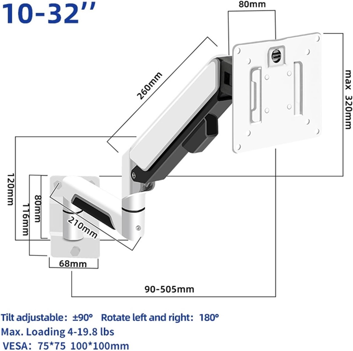 10-inch - 32-inch monitor wall mount screen aluminum PC gas spring air pressure bracket TV wall mount bracket W3(W3P)