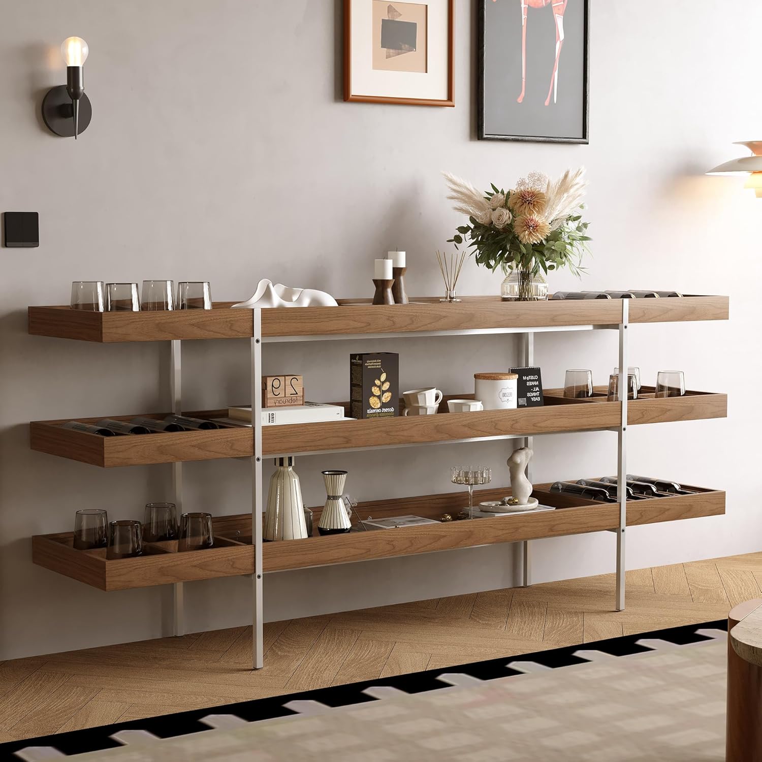 NessCarsti Modern 3-Tier Wood Storage Shelf with Stainless Steel Frame and Interchangeable Dividers, Industrial Book Shelf and Display Rack, Easy Assembly for Living Room, Kitchen, or Office