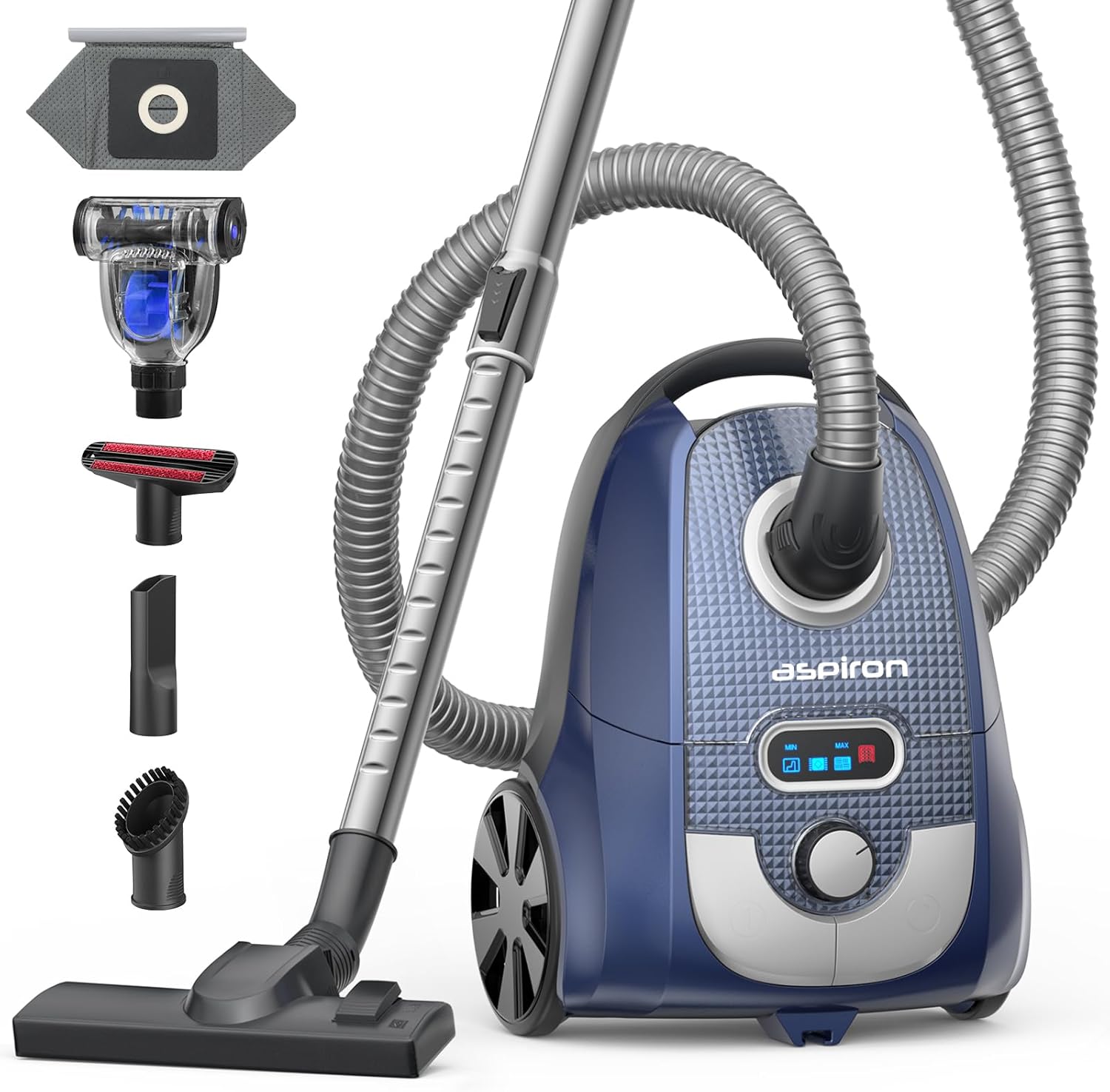 Aspiron Canister Vacuum, 1600W/40KPA Canister Vacuum Cleaner, 4QT Dust Bag, H13 HEPA Filter, 5 Tools, Pet-Friendly,Variable Power Control,for Carpets, Hardwood Floors, Stairs, Pet Hair, Household