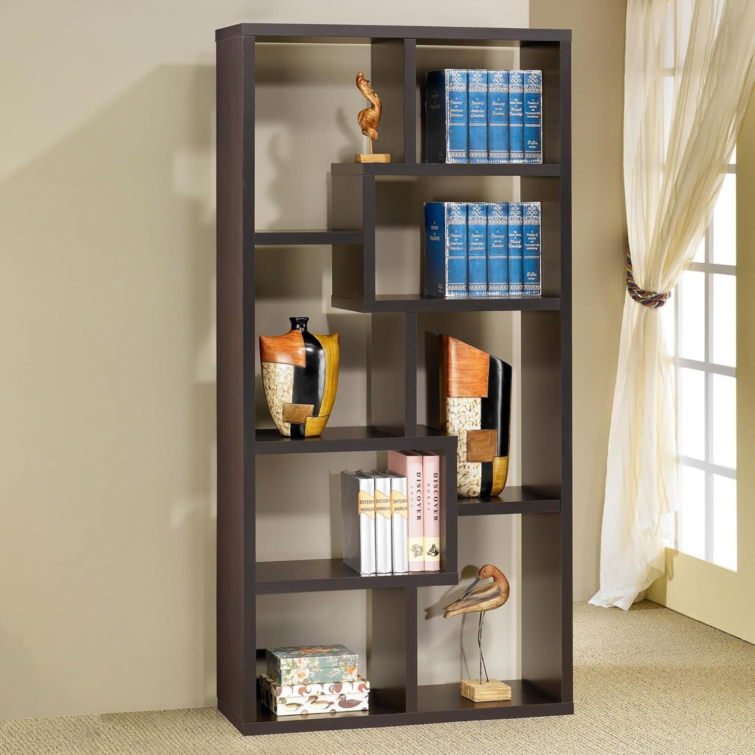 Bookcase with 8 Open Display Shelf, Modern Bookshelf Storage Organizer for Living Room Bedroom, Cappuccino 35