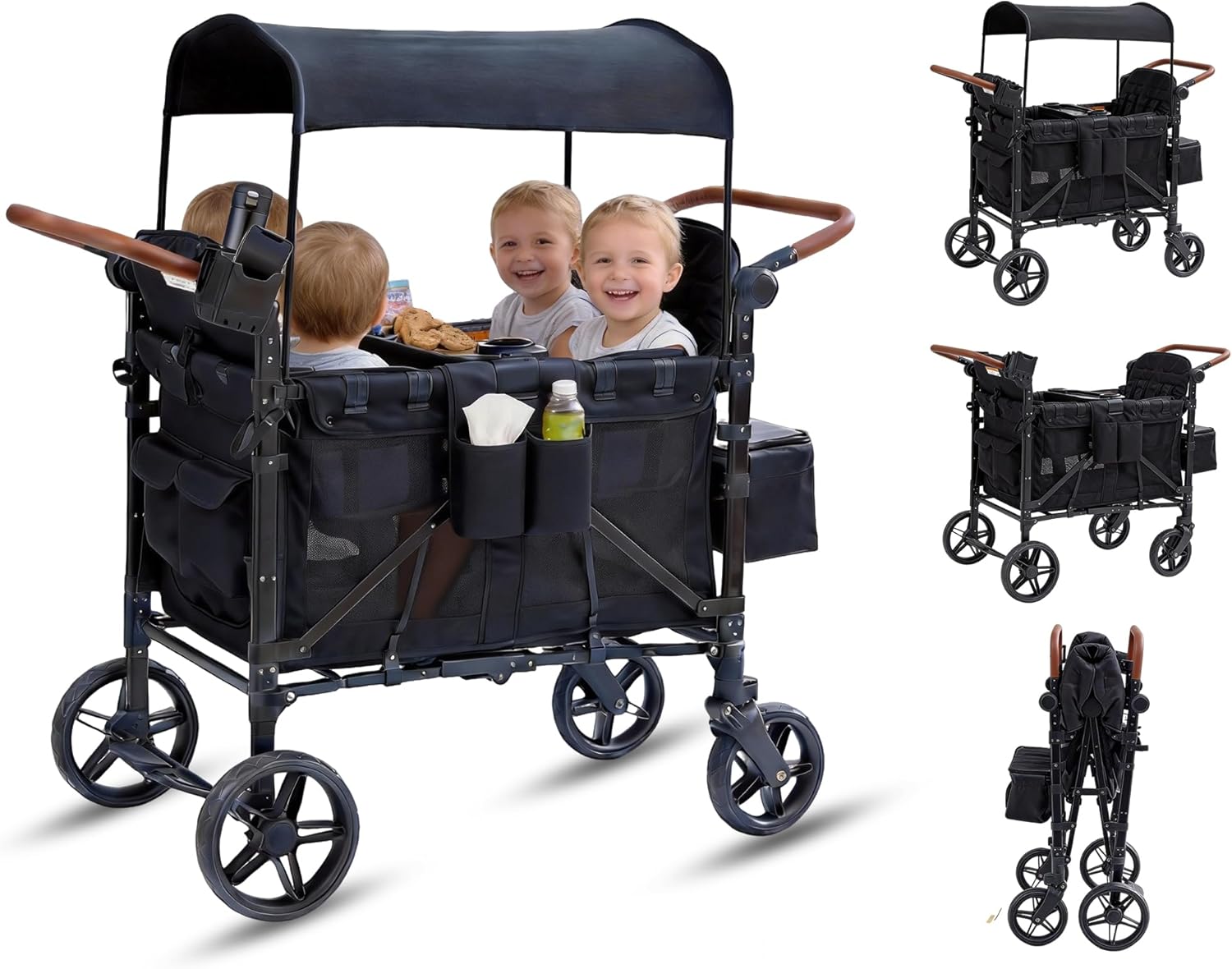Stroller Wagon for 4 Kids, 4 Seater Wagon Stroller with Snack Tray, Large Storage Bag, Phone Cup Holder, Removable Canopy, Foldable Wagon Stroller 4 Seater with Adjustable Push Handles (Deep Black)