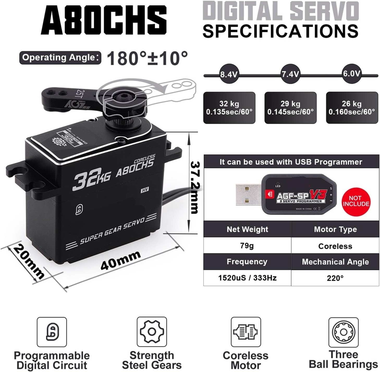 A80CHS 32 kg 7.4V Coreless Brushless Motor Digital STD Servo Metal Gear Suitable for 1/10(A80CHS 32kg X 4psc)