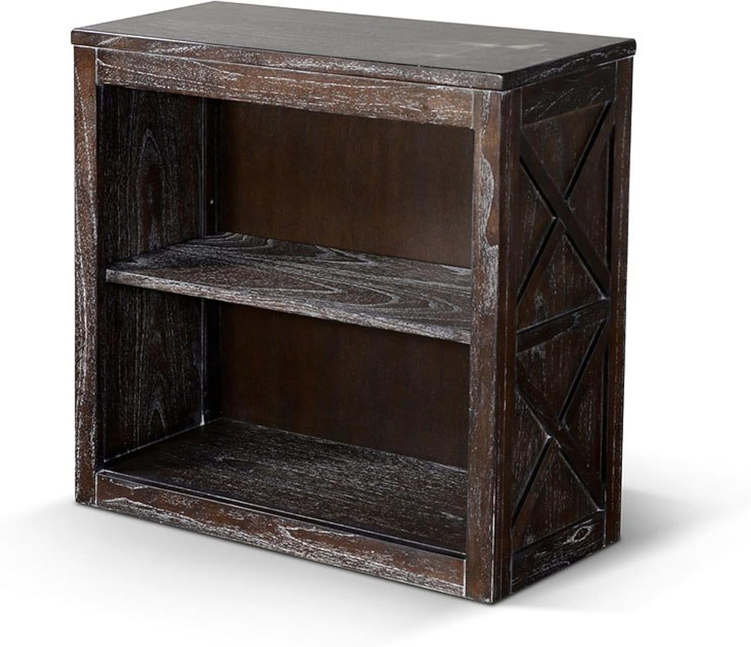 Benzara Sofi Small Bookcase- X Cross Panels- 2 Shelves- Dark Brown Veneer