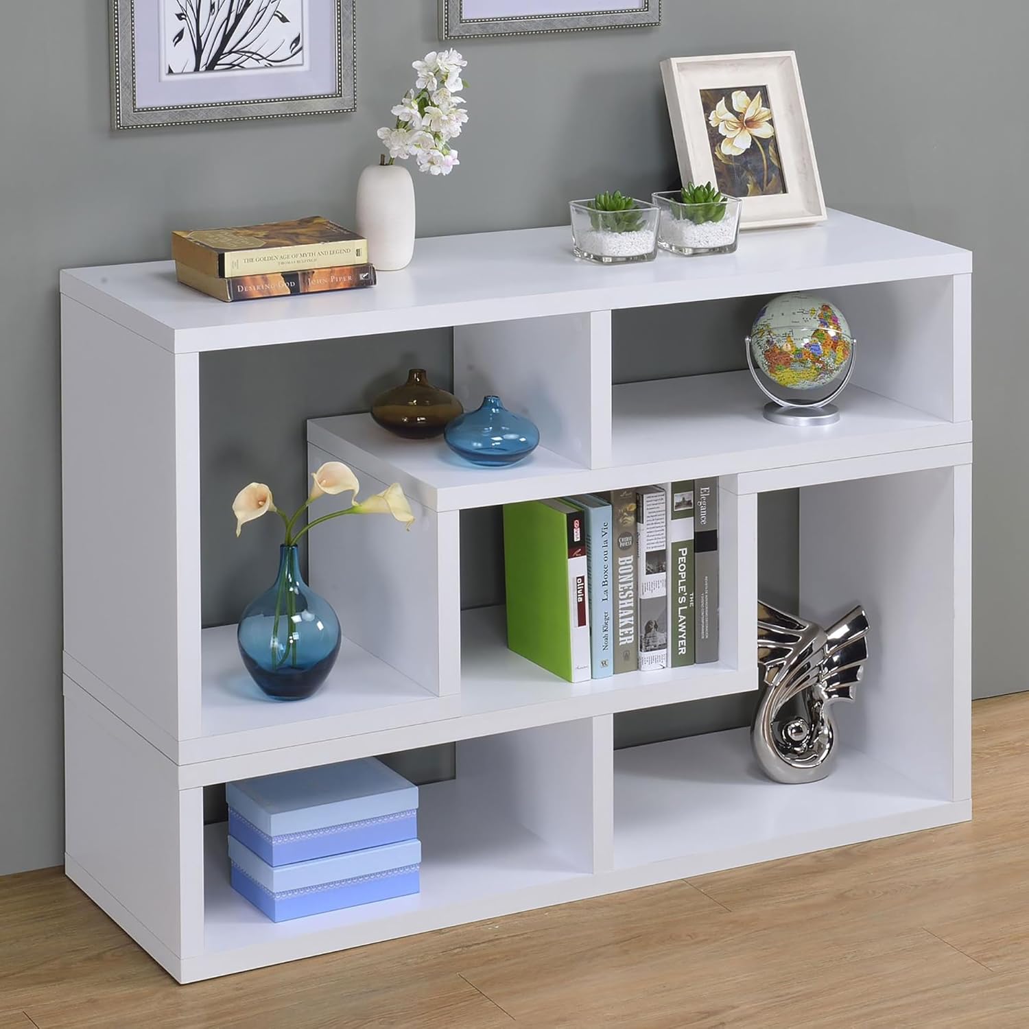 agnixnaf White Wood Bookcase with 2 Lelves, 5 Storage Spaces, Rectangular Bookshelves, Modern, for Office, Bedroom, Living Room, Study Room