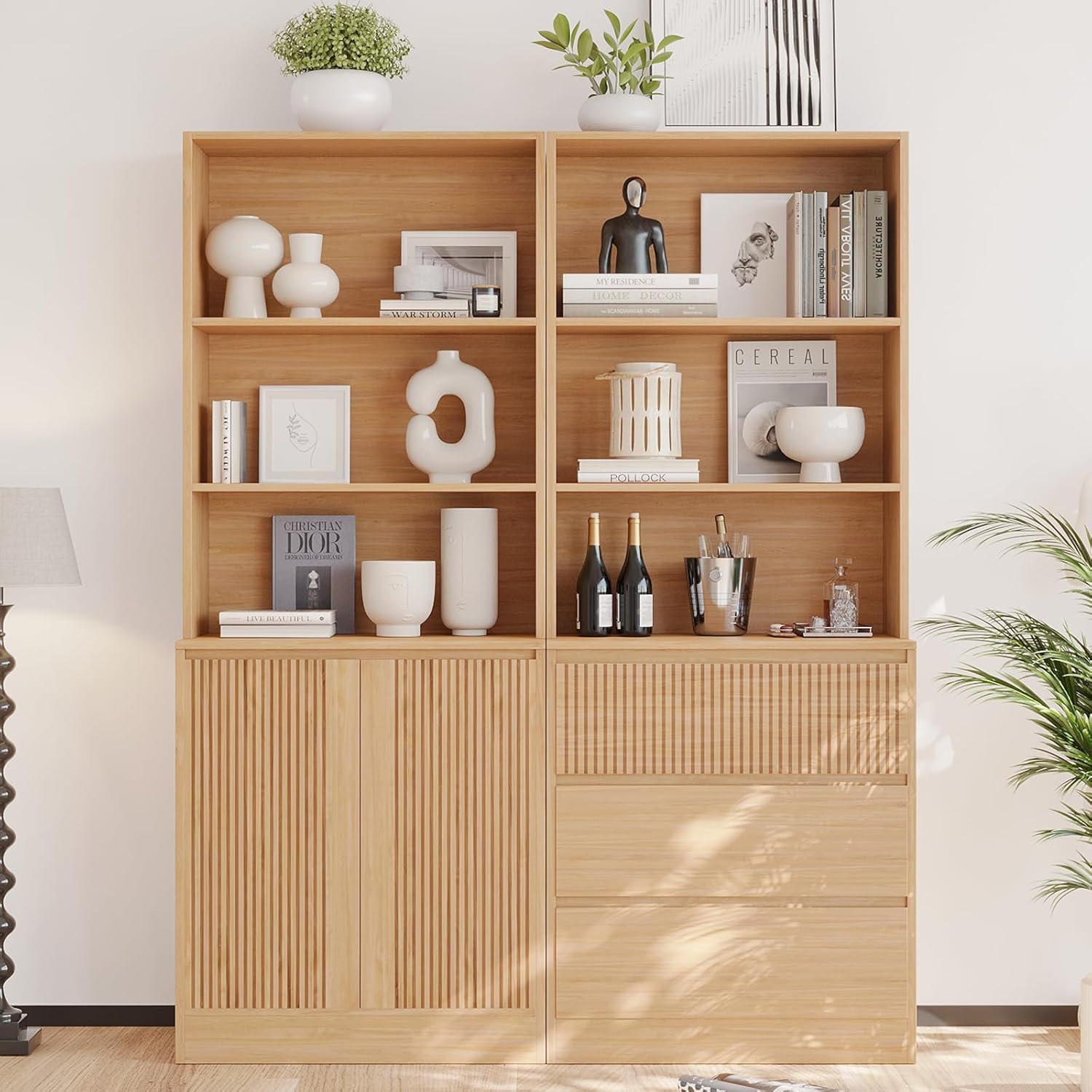 VOWNER Wood Bookcase, 71'' Tall Storage Cabinet with 2 Tempered Glass Doors, Modern Kitchen Cupboard, Large Floor Cabinet for Kitchen, Living Room, Home Office