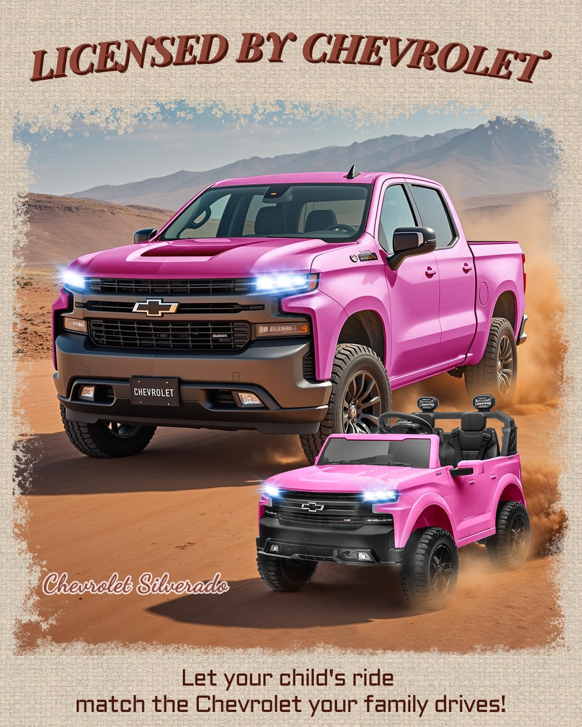 First Ride On 24V Ride on Toys for Big Kids, 2 Seater Licensed Chevrolet Silverado Ride on Car, Electric Car for Kids with Parent Remote Control, Bluetooth, LED Lights and Seat Belts (Pink)