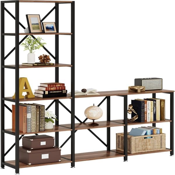 Kaireey Stepped Ladder Bookshelf, Industrial 6-Tier Corner Bookcase with 9 Shelves, Rustic Brown Open Etagere Storage Organizer for Living Room, Home Office