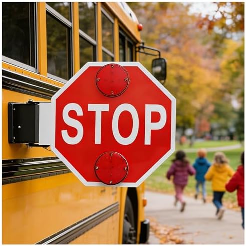 High-Visibility School Bus Parking Stop Signs with Blinking Lights - Metal Traffic Warning Signs, DC 12V/24V, Available in 1/2/4 Packs for Safe Bus Lane & School Zones