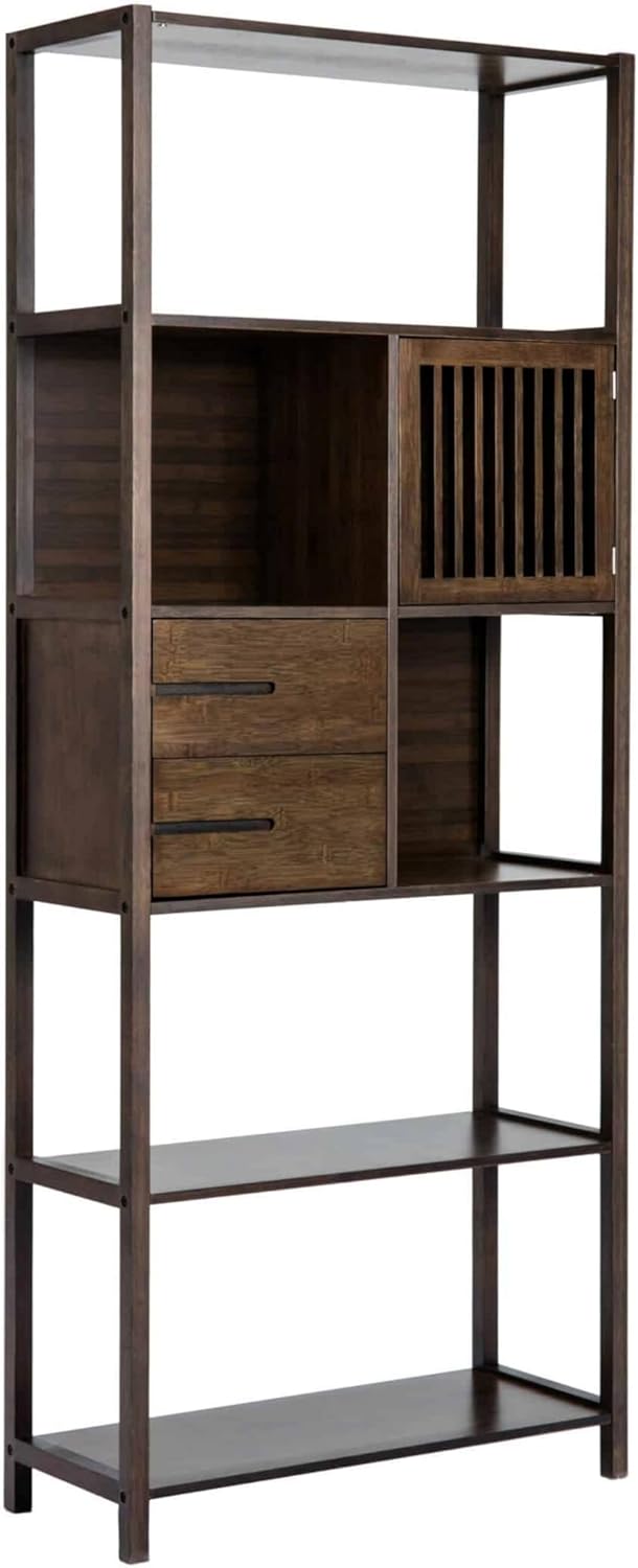 Benjara BM274297 68 in. Axa Bamboo Shelf Bookcase with Cabinet - Right Facing Dark Brown