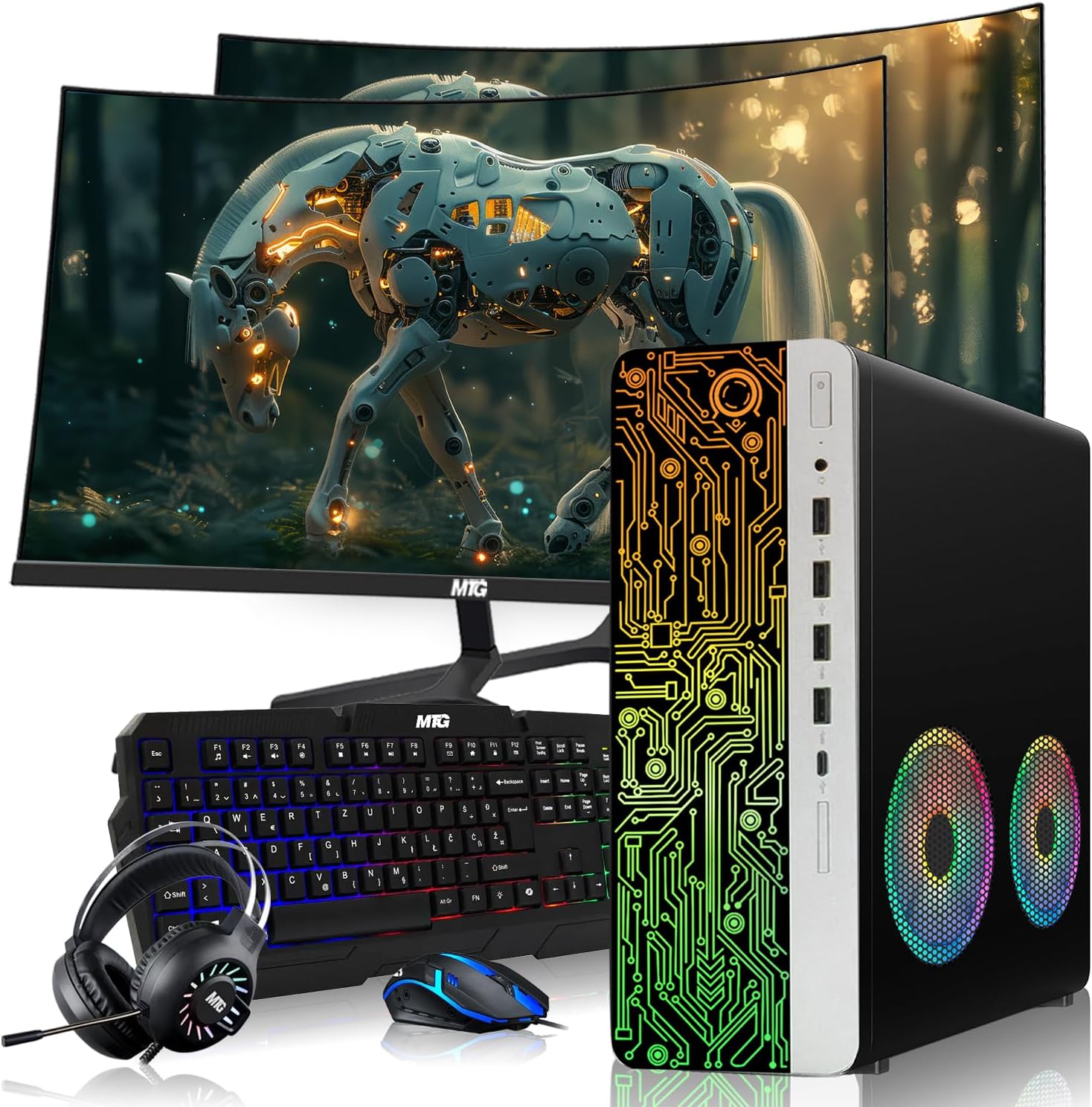 HP Gaming PC Desktop Computer – AMD Pro A10-9700,RX 550 Graphics,16GB RAM,512GB SSD,Dual 24 Inch Curved Monitor,RGB Keyboard with AI Copilot,Mouse,2X ARGB Fan WiFi,RGB Headphone,Windows 11(Renewed)