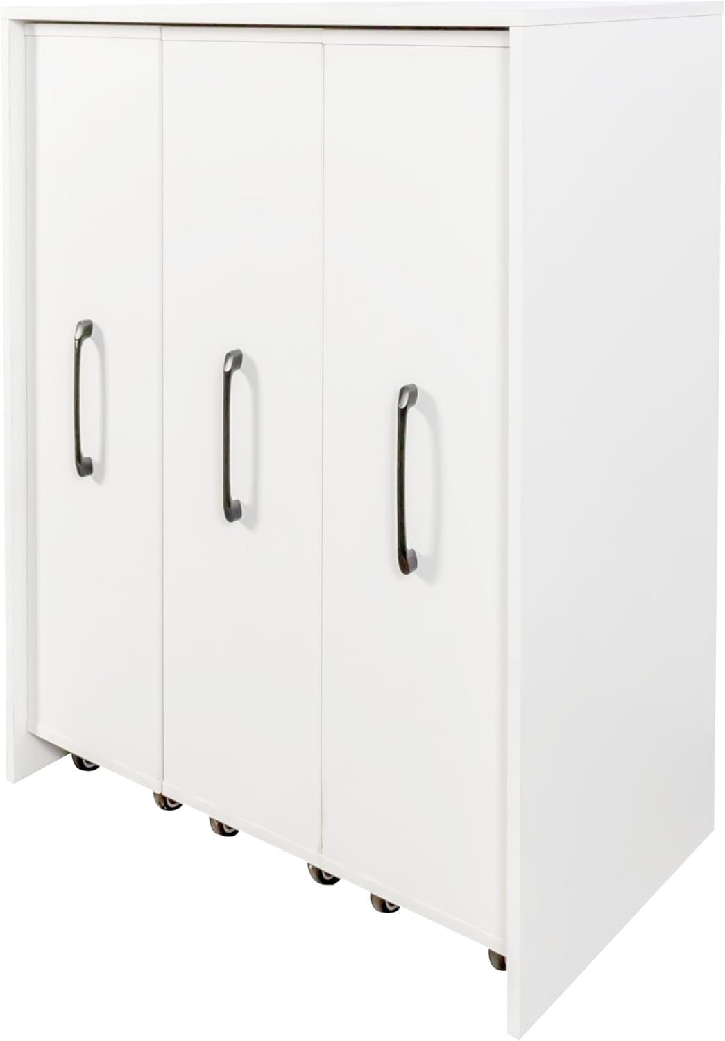 Bookcase with Wheels 3 Pulled Out Doors Shelving Cabinet 3 Tier Floor Standing Book Rack Slide Out Storage Bookshelf File Cabinet Hidden Organizer Utility Shelves for Office Bedroom Living White