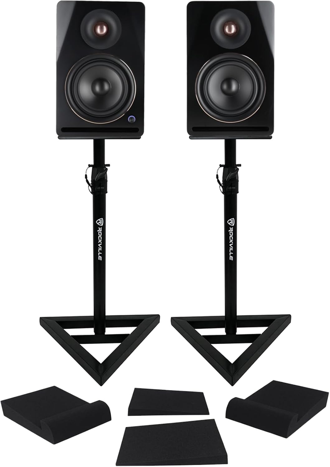 Rockville APM6D v2 Bundle: 6.5 in 400W Peak 100W RMS Active Powered Studio Monitor Speakers, RVSM1 Pair Near-Field Stands, RRS190S Foam Isolation Pads, USB, Bluetooth 5.3, 3 Items