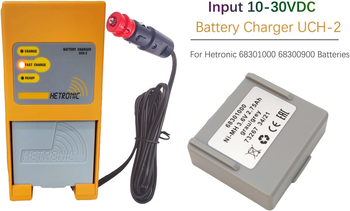 (1 Pack) Hetronic UCH-2 Input 10-30V DC Out 300/780mA Battery Charger with (4 Pack) 3.6V Hetronic 68301000 Battery for Hetronic 68301000 68300900 68300600 68300940 KH68300990 3.6v Batteries