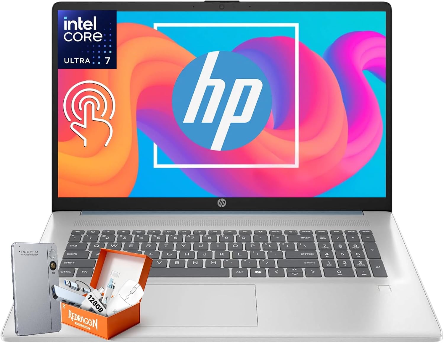 HP 17.3 Touchscreen Laptop for Business, Intel Ultra 7 255U Up to 5.2GHz, 32GB DDR5, 1TB SSD, Backlit KB, Fingerprint Reader, Wi-Fi 6, Windows 11 Pro, W/RECOLX AI Voice Recorder, REDRAGON Accessories