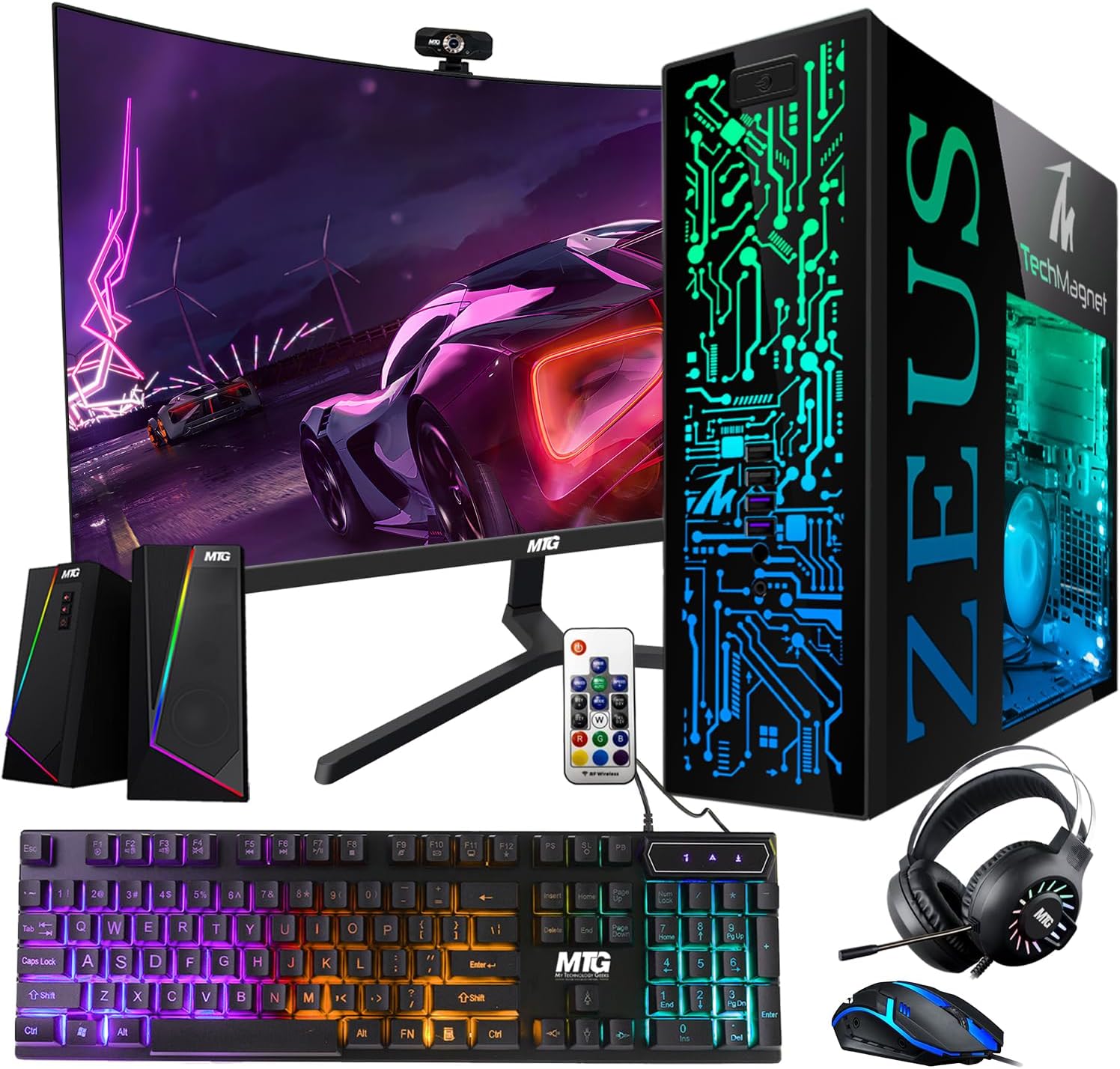 TechMagnet Gaming Desktop PC, Intel i5 4th Gen, Zeus Pro 4, GT 1030, 16GB RAM ARGB, 1TB SSD + 4TB HDD, 24 Inch Curved Monitor, RGB Front Panel 385 Patterns, RGB Kit, Windows 11 (Renewed)