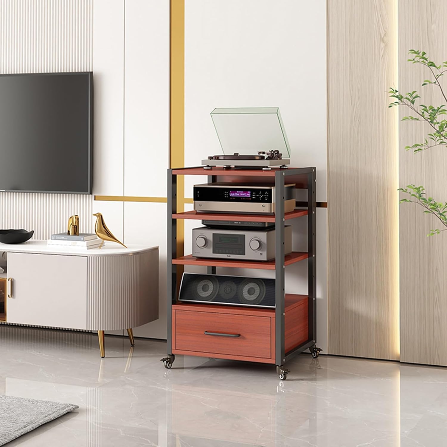 Media Stand Movable AV Media Stand Component Cabinet Open Storage Corner TV Stand Record Player Stereo Rack Audio Tower with Height Adjustable Wooden Shelves and Drawer for Home/Office/Theater