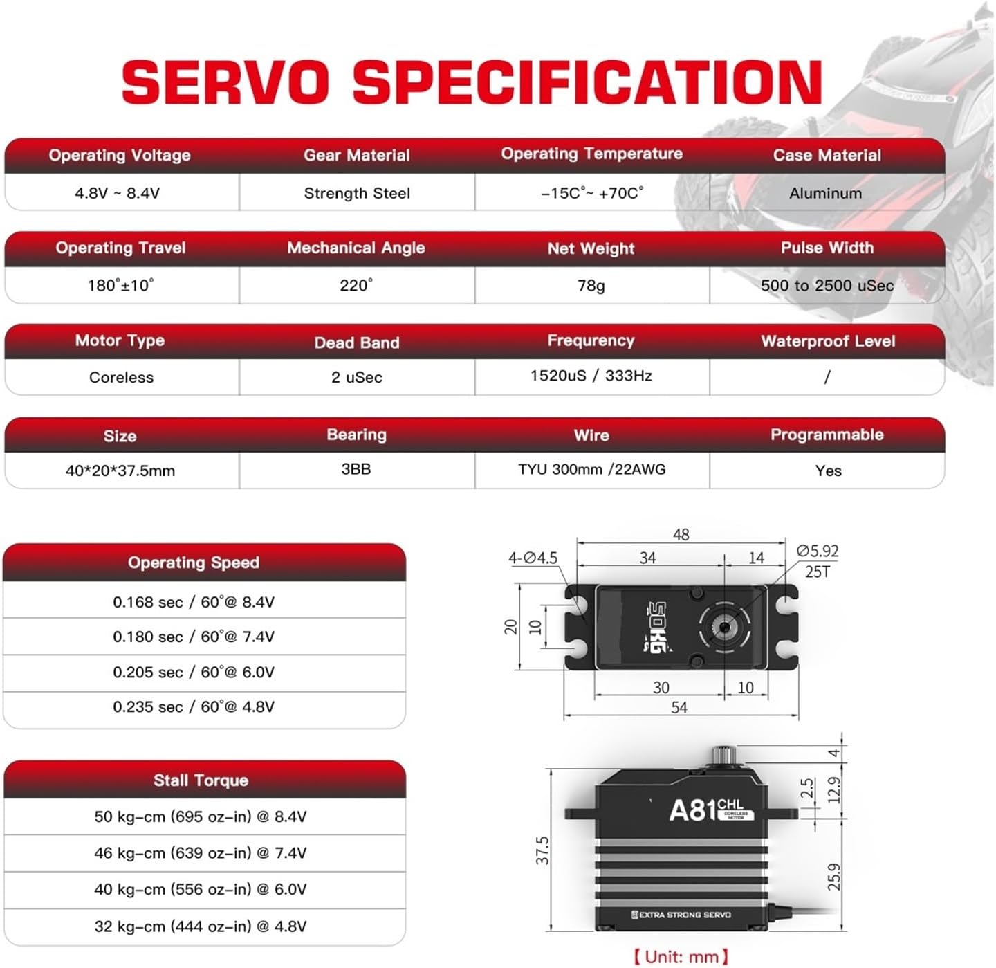 A81CHL 50KG Steel Gear 180° HV Ironless Programmable Digital STD Servo Motor for 1/8(A81CHL 50kg Set1)