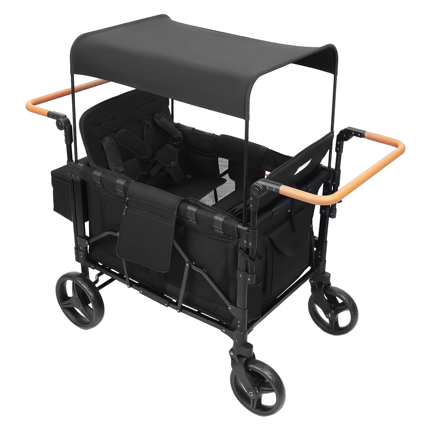 Stroller Wagon for Kids,Wagon Stroller for 4 Kids,Push Pull Quad Collapsible Stroller with Adjustable Handle,5-Point Safety Harness & Removable Canopy, 4-Seater Stroller Wagon (Black)