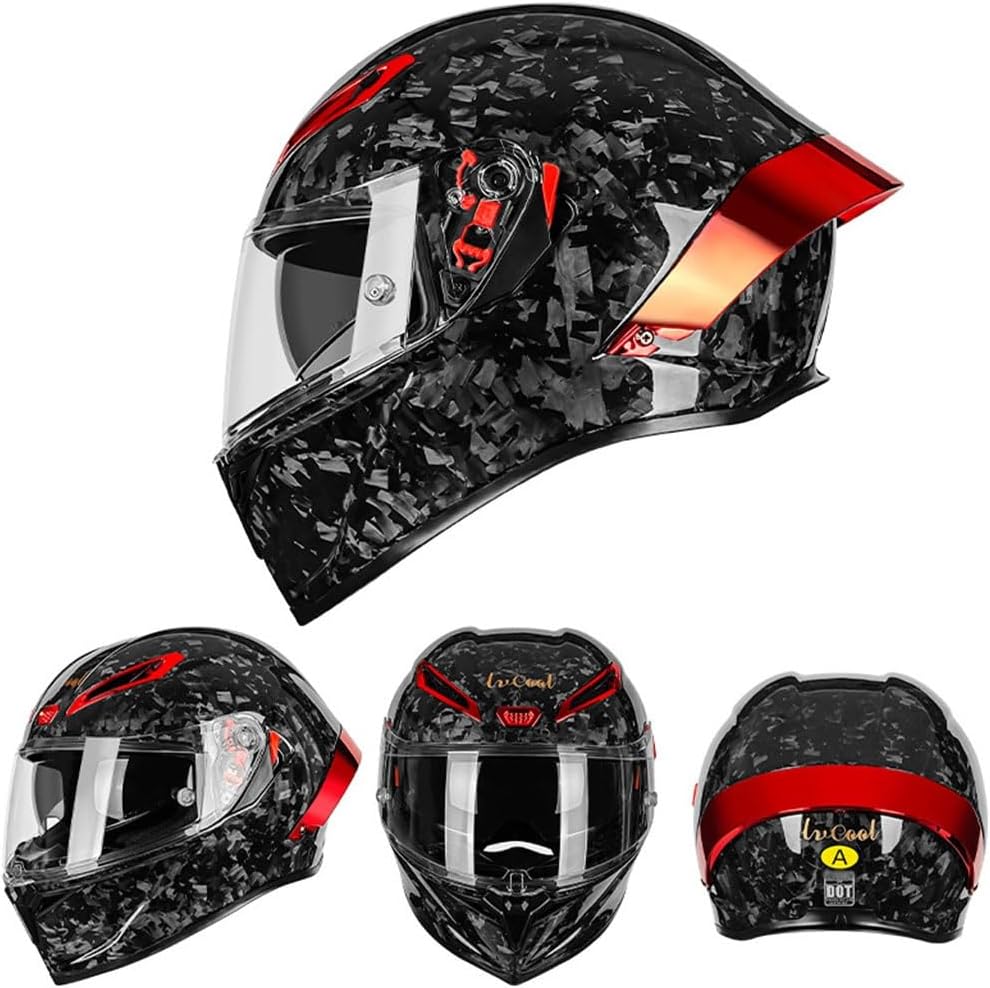 Large Rear Wing Dual-Lens All-Season Carbon Fiber Full-Face Helmet DOT Approved Integrated Motorcycle Helmets ATV Street Dirt Bike Racing Motorbike Motocross Helmet for Adult Men Women