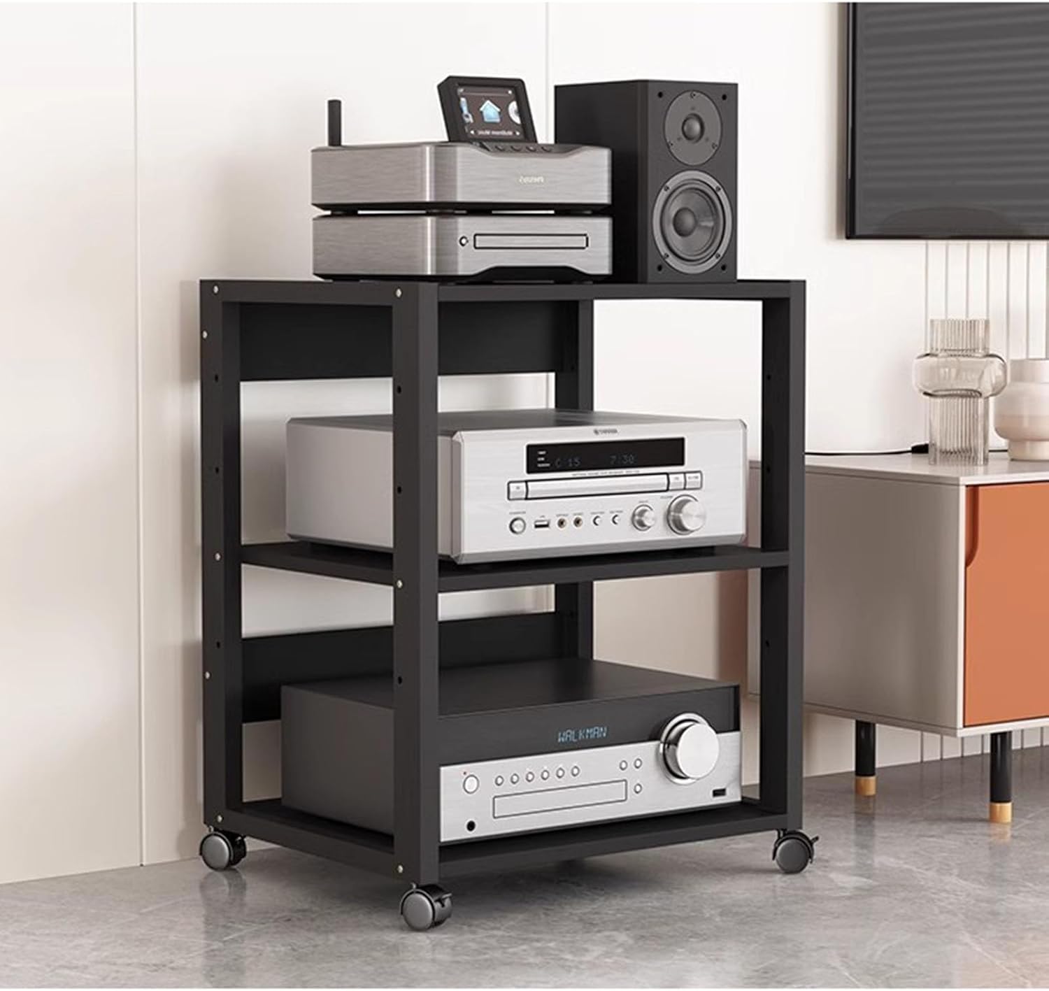 AErosx Multi-Function Open AV Media Stand Movable Wooden Corner Shelf Audio/Video Component Cabinet Stereo Stand Audio Tower and Media Center