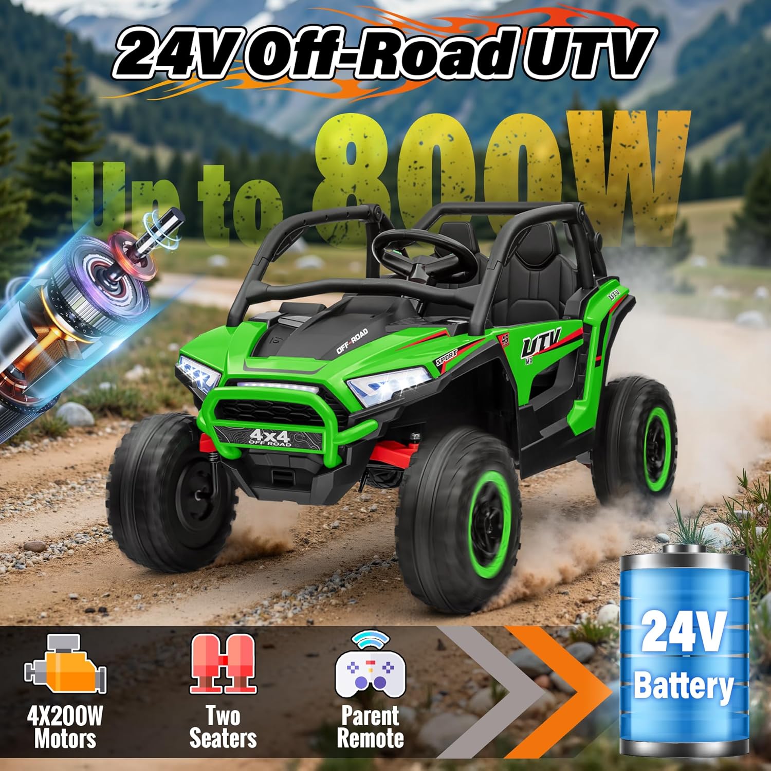 24V Ride on Car, 2 Seater XL Off-Road UTV w/4 RMP2000W Motors, Remote Control, Gift Flower, Bluetooth Music, LED Lights, 24 Volt Ride on Toys for Big Kids, Green
