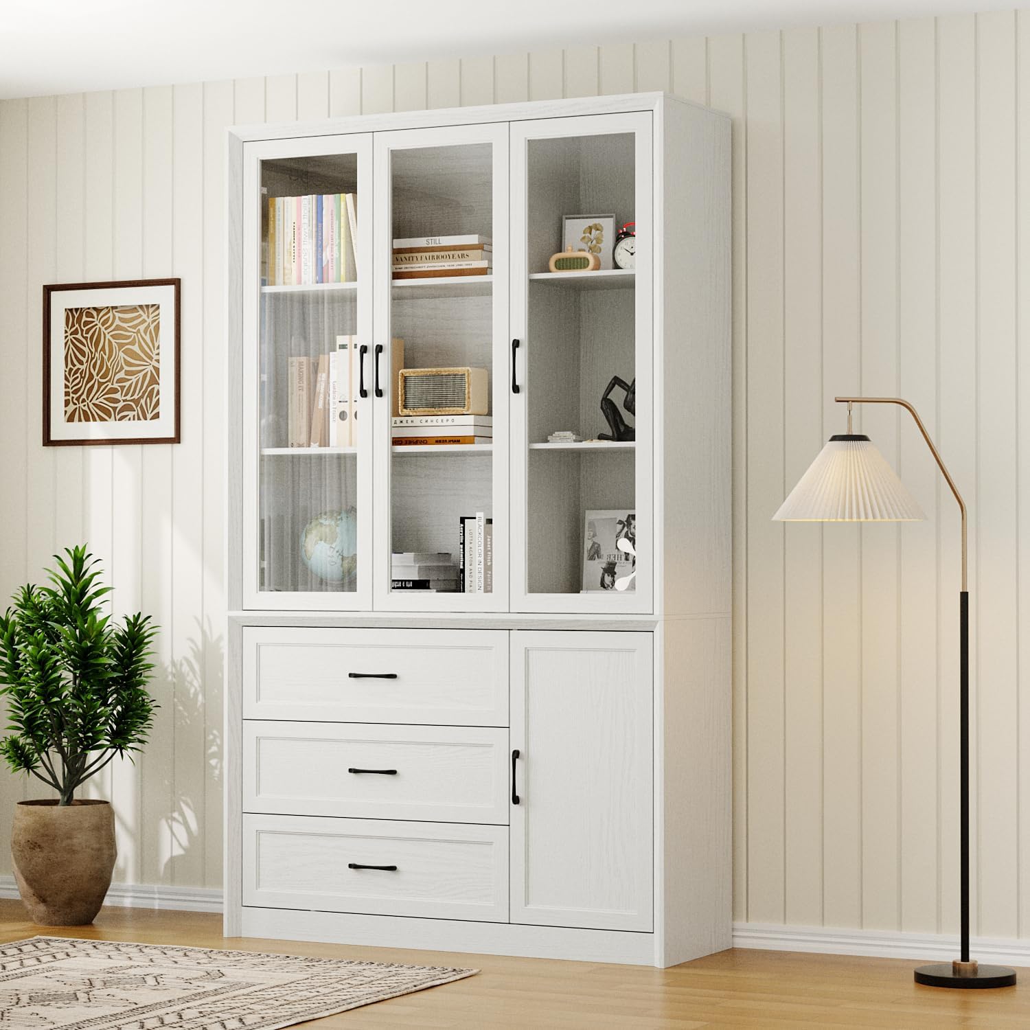 Hitow Bookshelf with Glass Doors, 4-Door Bookcase with 3 Drawers, 79.6“ Tall Bookshelf with Cabinet & Display Shelves Wood Grain Storage Organizer for Living Room, Home Office, White