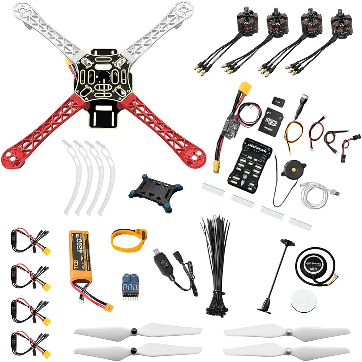 HAWK'S WORK F450 Drone Kit to build, Frame + Pixhawk + GPS + Power Module + ESC + Brushless Motor + Prop + Battery + Accessory + Guild Book & Video (B)