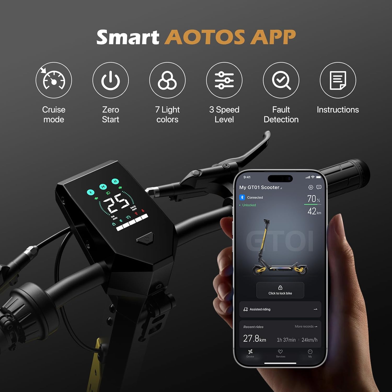 GT01 Pro Electric Scooter, 1500W Peak Motor, 25 MPH Top Speed, 62 Miles Range, 10