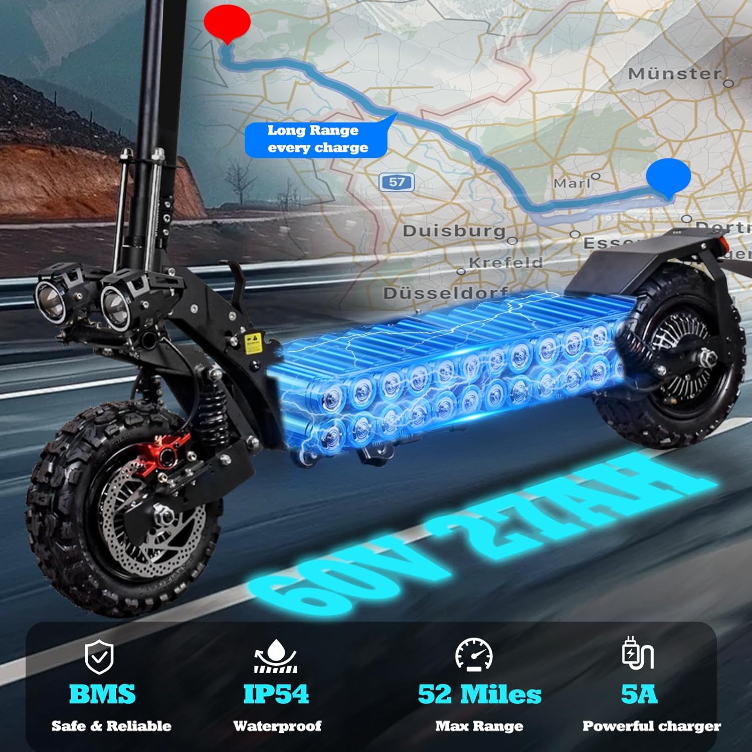 Electric Scooter for Adults, 1200/1600/5000/5600W Dual Motor Fast E Scooter, Up to 35-50 MPH Top Speed & 35-52 Miles Long Range, Dual Brake, Off-Road Tires, Foldable Scooter(UL Certificated)