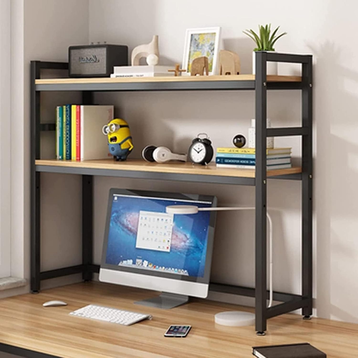 Desktop Countertop Bookshelf - Desktop Bookcase For Computer Desk, 2 Layer Adjustable Desk Bookshelf, Wood And Metal Organizers, Multipurpose Countertop Hutch Bookshelf, For Office, Home ( Color : Bla