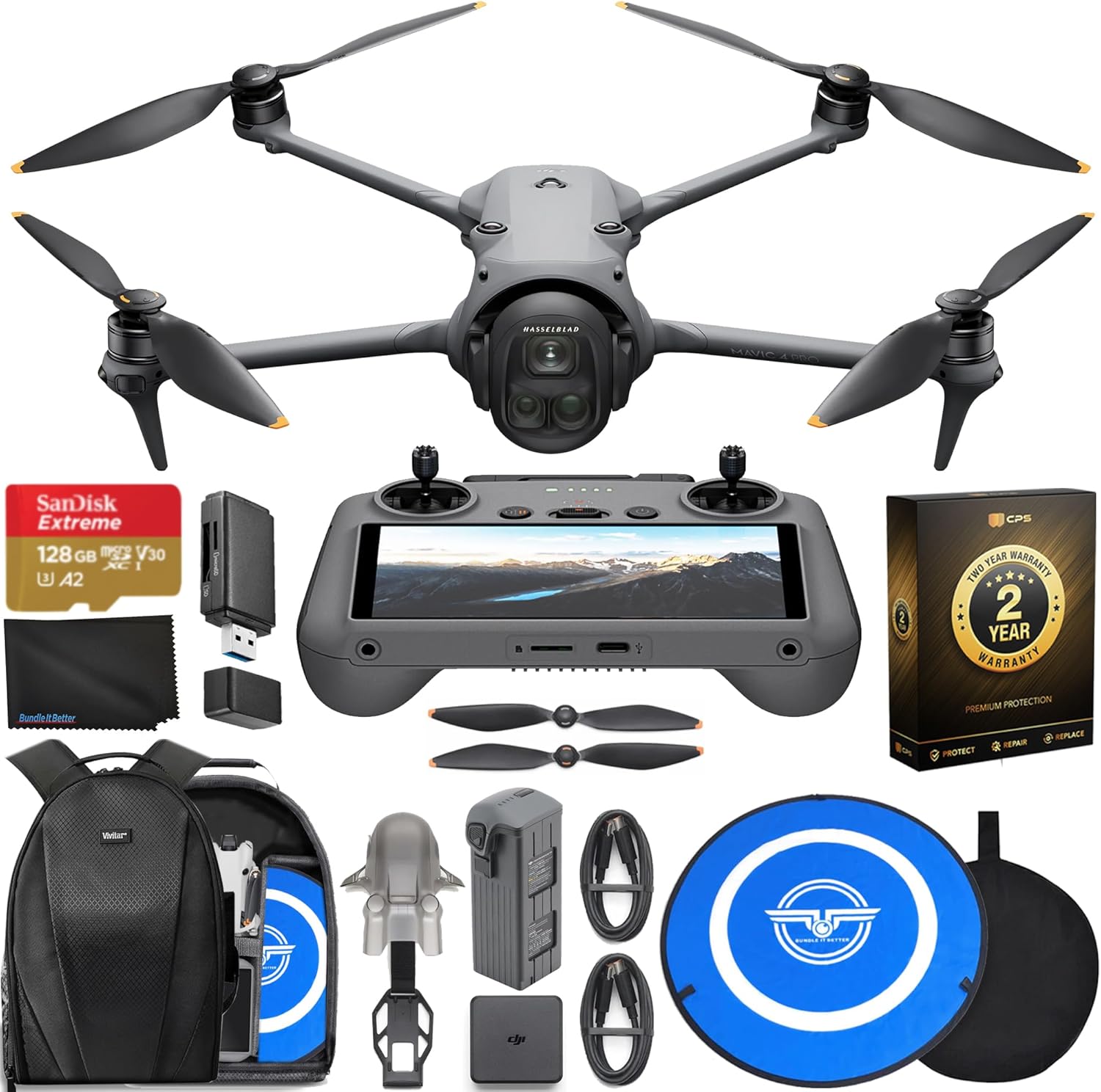 DJI Mavic 4 Pro Drone - 6K60 HDR, 100MP, 51-Min Max Flight Time, 18.6-Mile Range, ActiveTrack 360 Subject/Vehicle Tracking, Omnidirectional Avoidance Bundle with 128GB Memory, 2 Year CPS Warranty, Backpack, Bundle It Better Lens Cloth + Pilot Kit