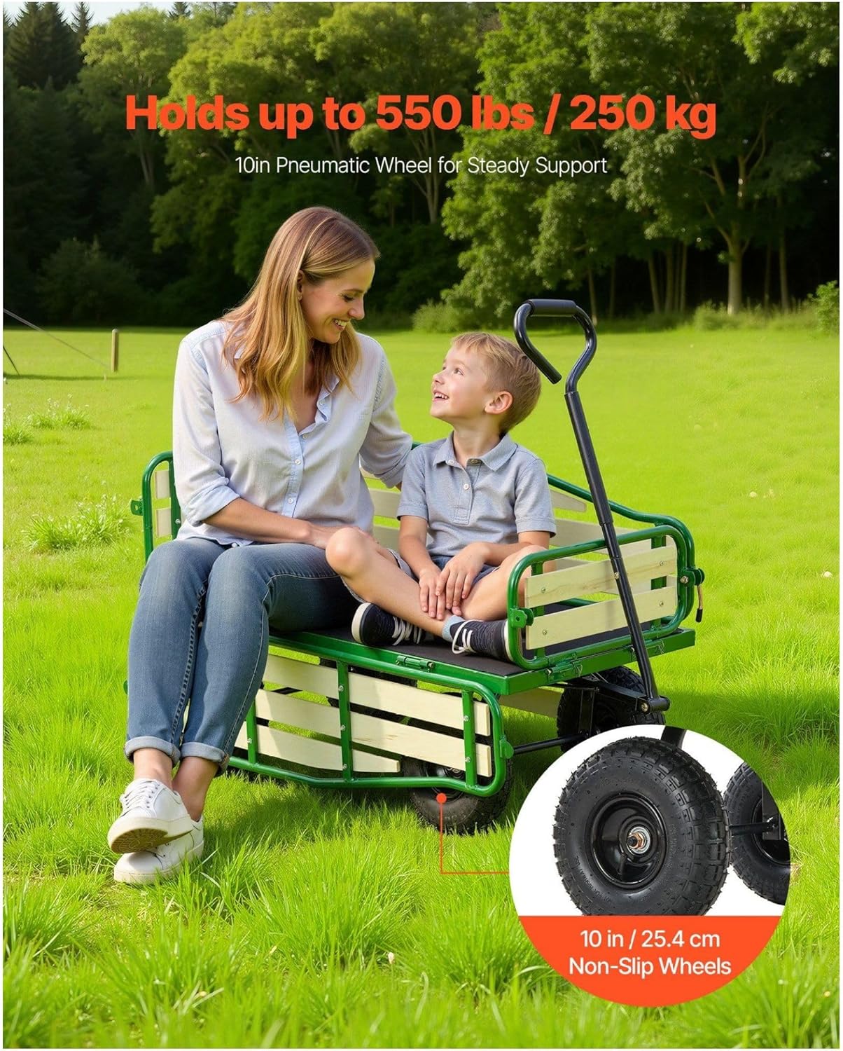 Wagon, 39in Pull-Along Wagon with Wooden Sides & Handle, 551lbs Capacity, 10” Tires - Outdoor Utility Wagon for Beach, Camping, Gardening