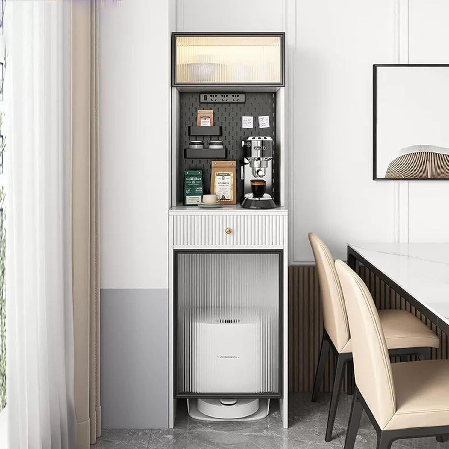 JIAOCKJIAO JKGHK Sweeping Robot Stand Rack, Robot Vacuum Stand Cabinet with Flip-up Glass Door, Pegboard Vacuum Hidden Cabinet for Sweeping, Floor-Standing Storage End Table(White)